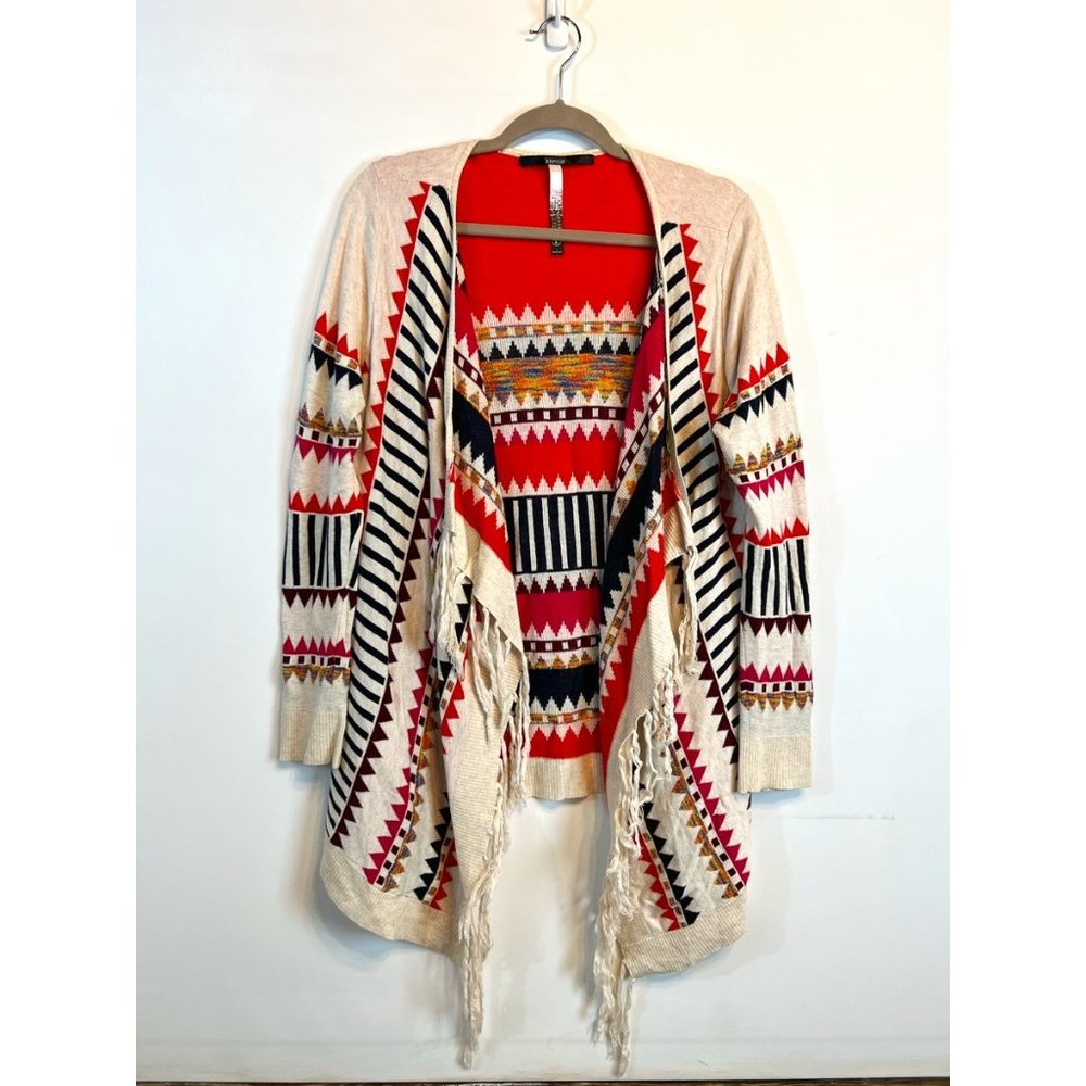 Kensie Long Open Sweater with Fringe, Size Large